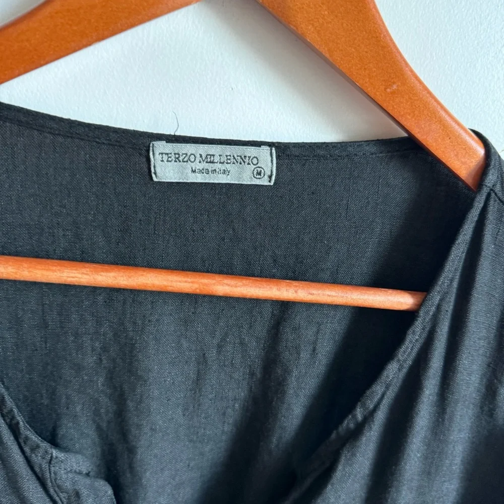 Terzo Millenio Black Linen Cotton Mini Dress Size M Made In Italy V Neck - Picture 3 of 8